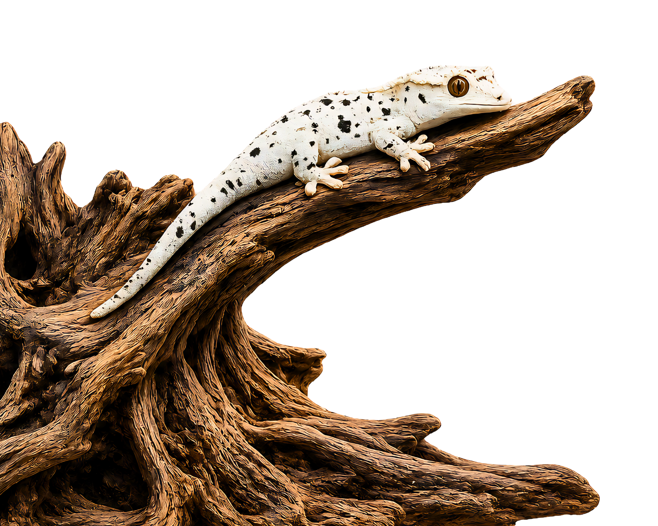 Gecko on sculptural driftwood for a bioactive reptile display