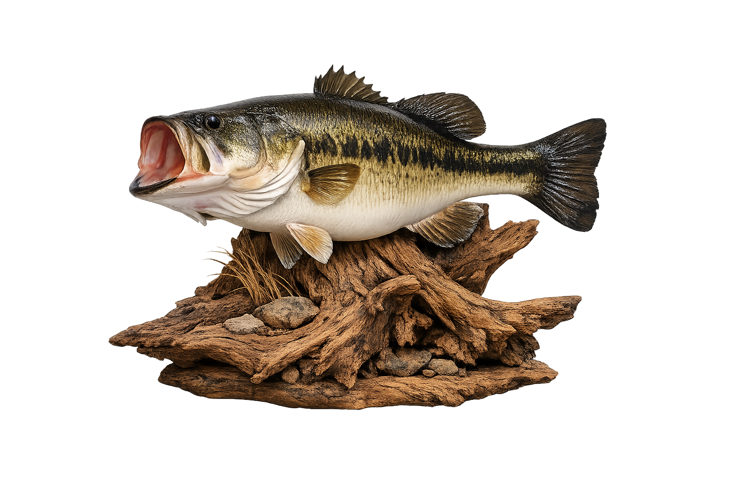 Bass taxidermy mount staged on driftwood
